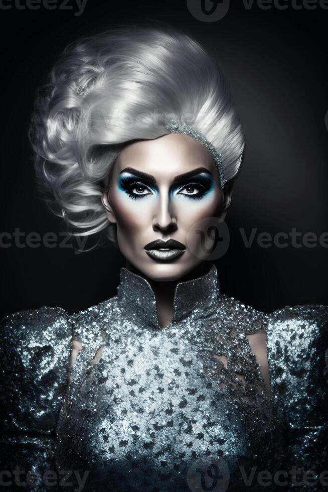 Portrait of a man with makeup and makeup on face with lipstick. Drag queen style. photo