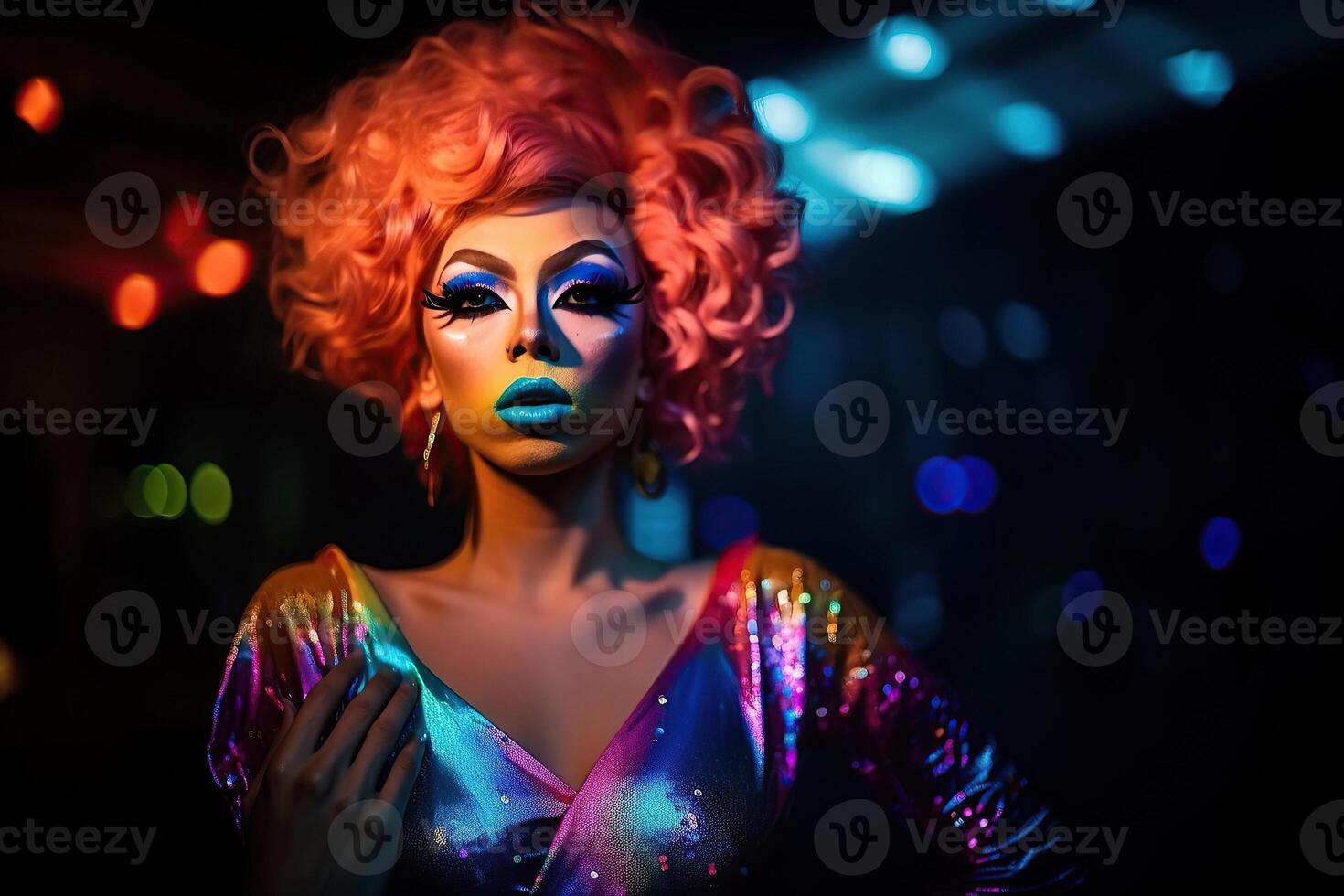 portrait of transgender drag queen man with makeup in women's dress. photo