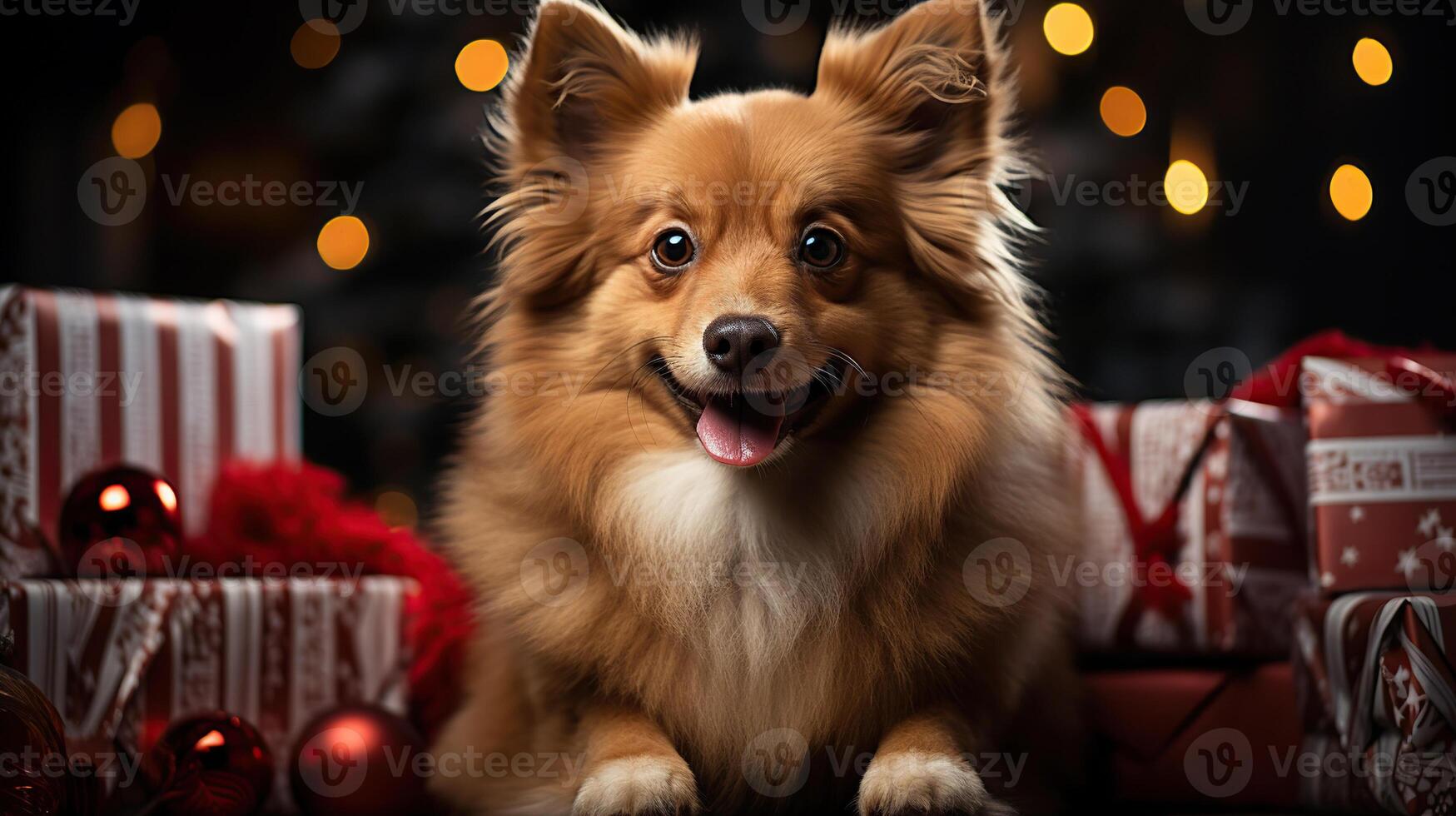 dog under Christmas tree with gifts for the celebration of the new year at home photo