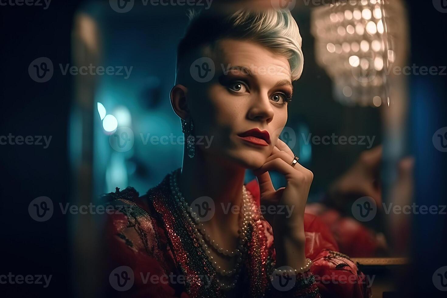 portrait of transgender drag queen man doing makeup at mirror. photo