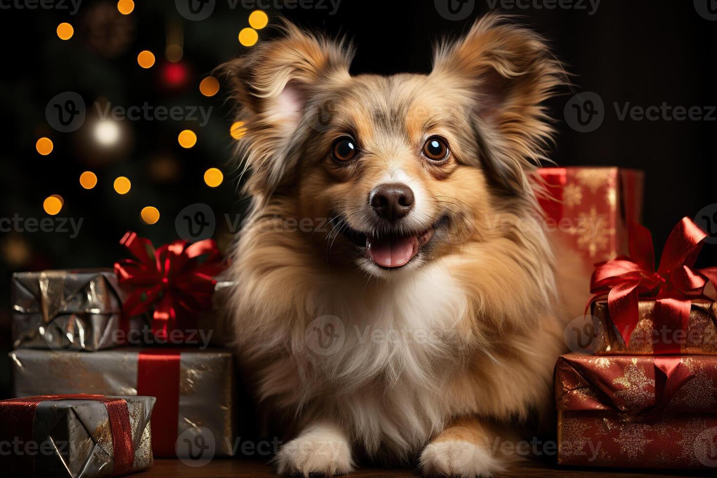 dog under Christmas tree with gifts for the celebration of the new year at home photo
