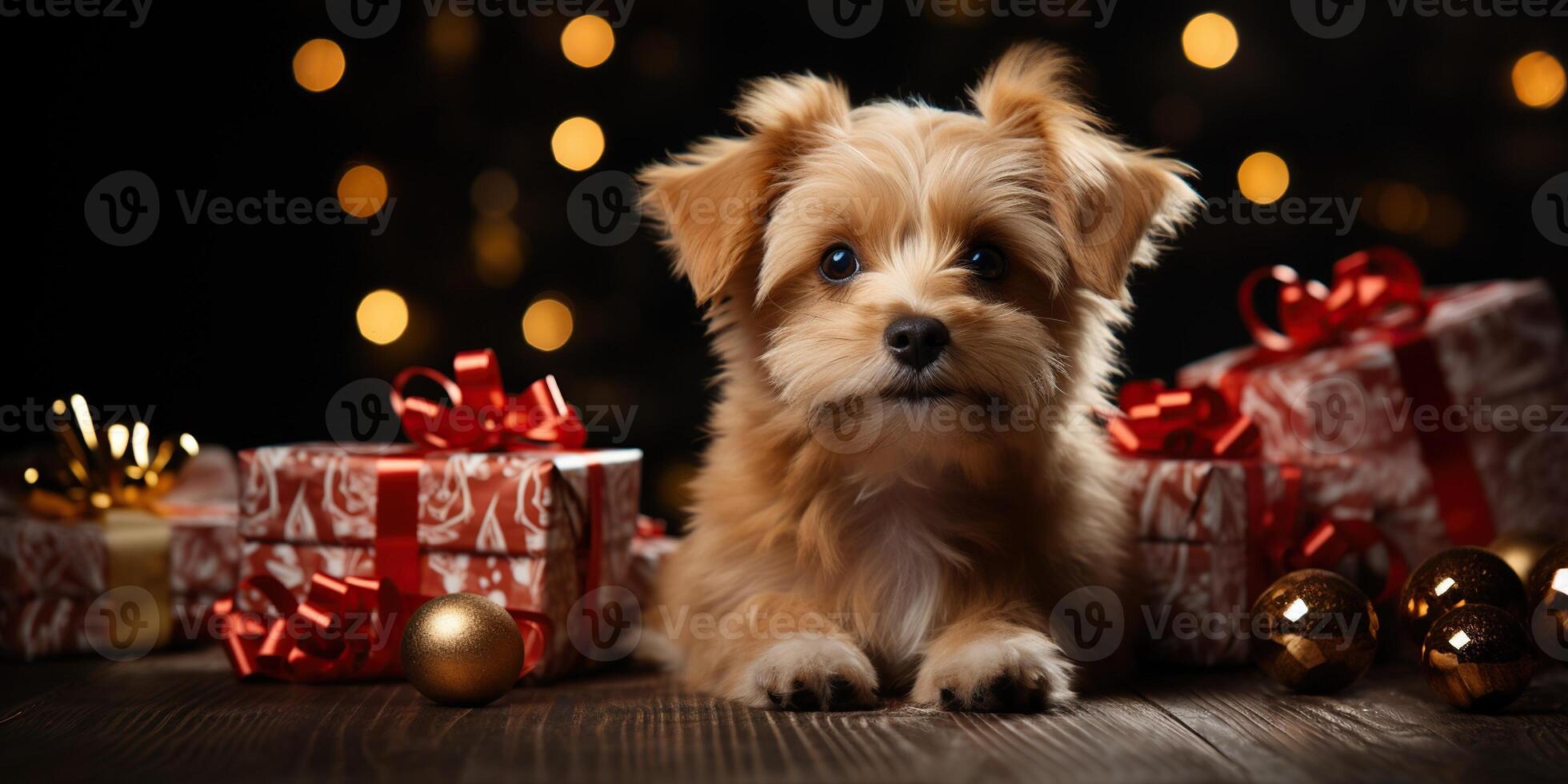 cute dog puppy under Christmas tree with gifts for celebration of the new year at home photo