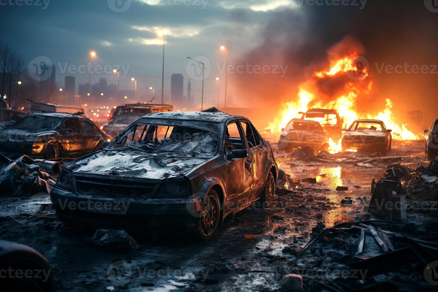 massive car accident on road in winter in icy night. Burning cars and smoke photo