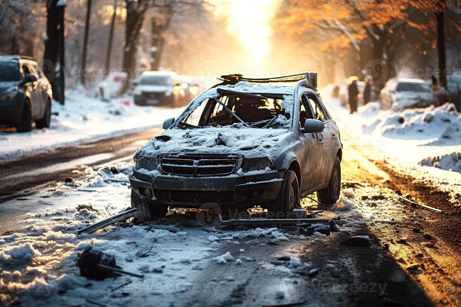 car crash in a car accident on slippery road in winter photo