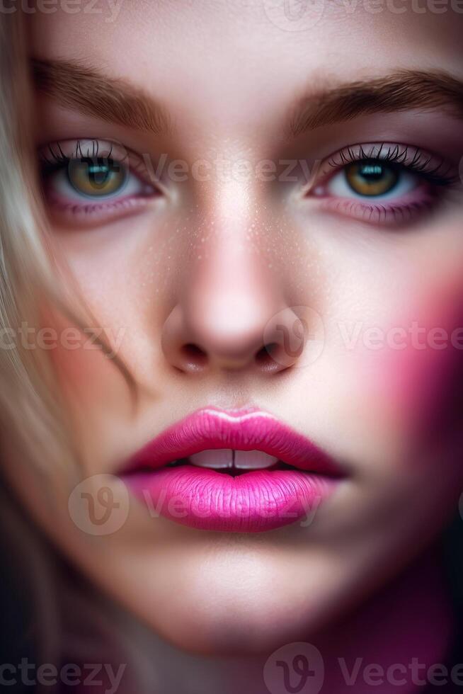 woman lips with pink lipstick and open mouth on female face close-up. Beauty concept. photo