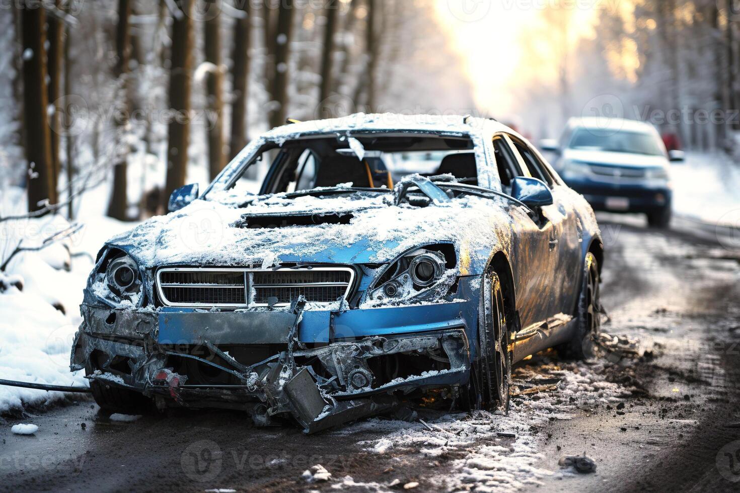 car accident in winter on slippery road with snow and ice photo
