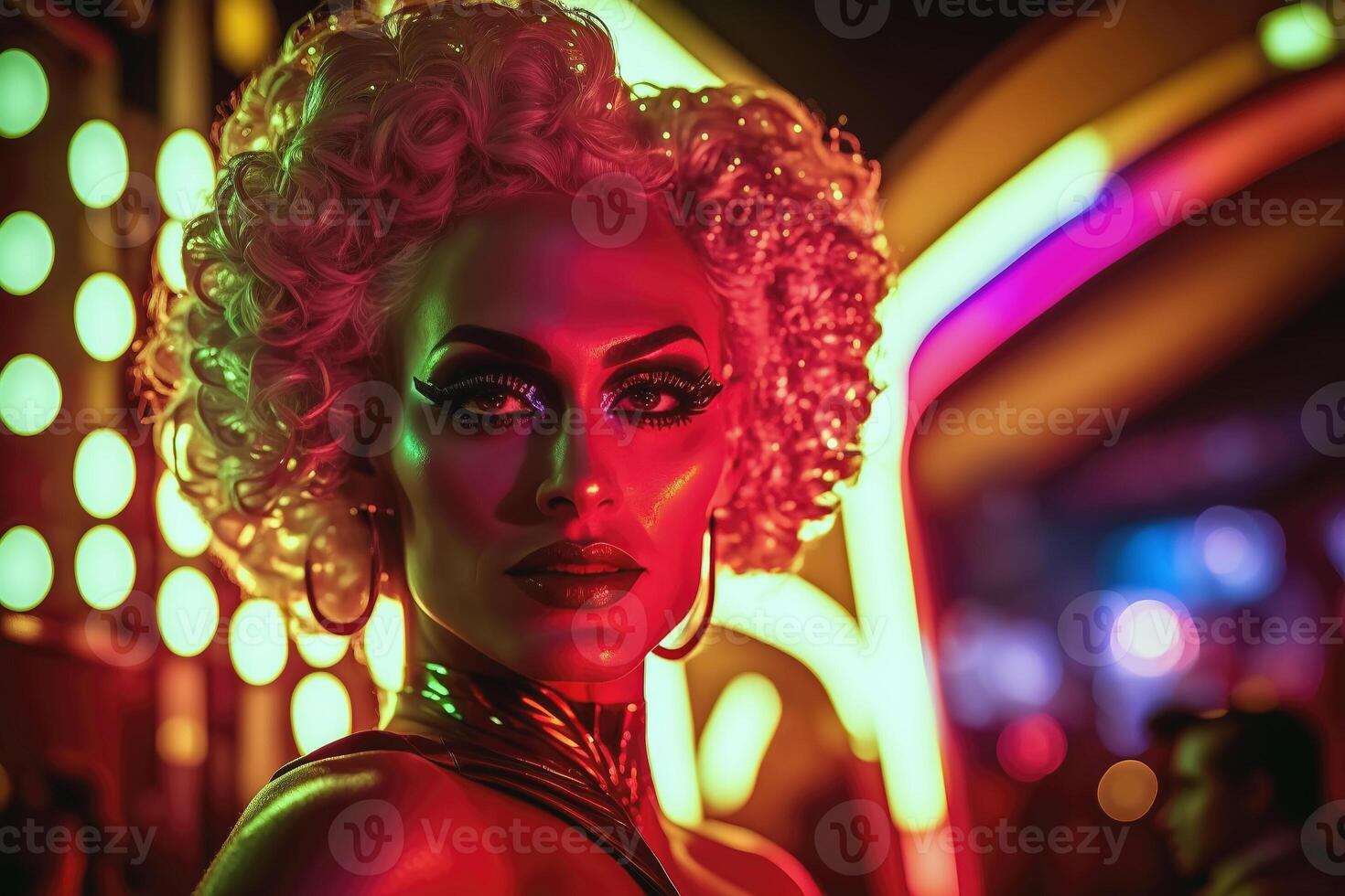 man in drag queens style makeup and dressed in women's clothes at a show. photo