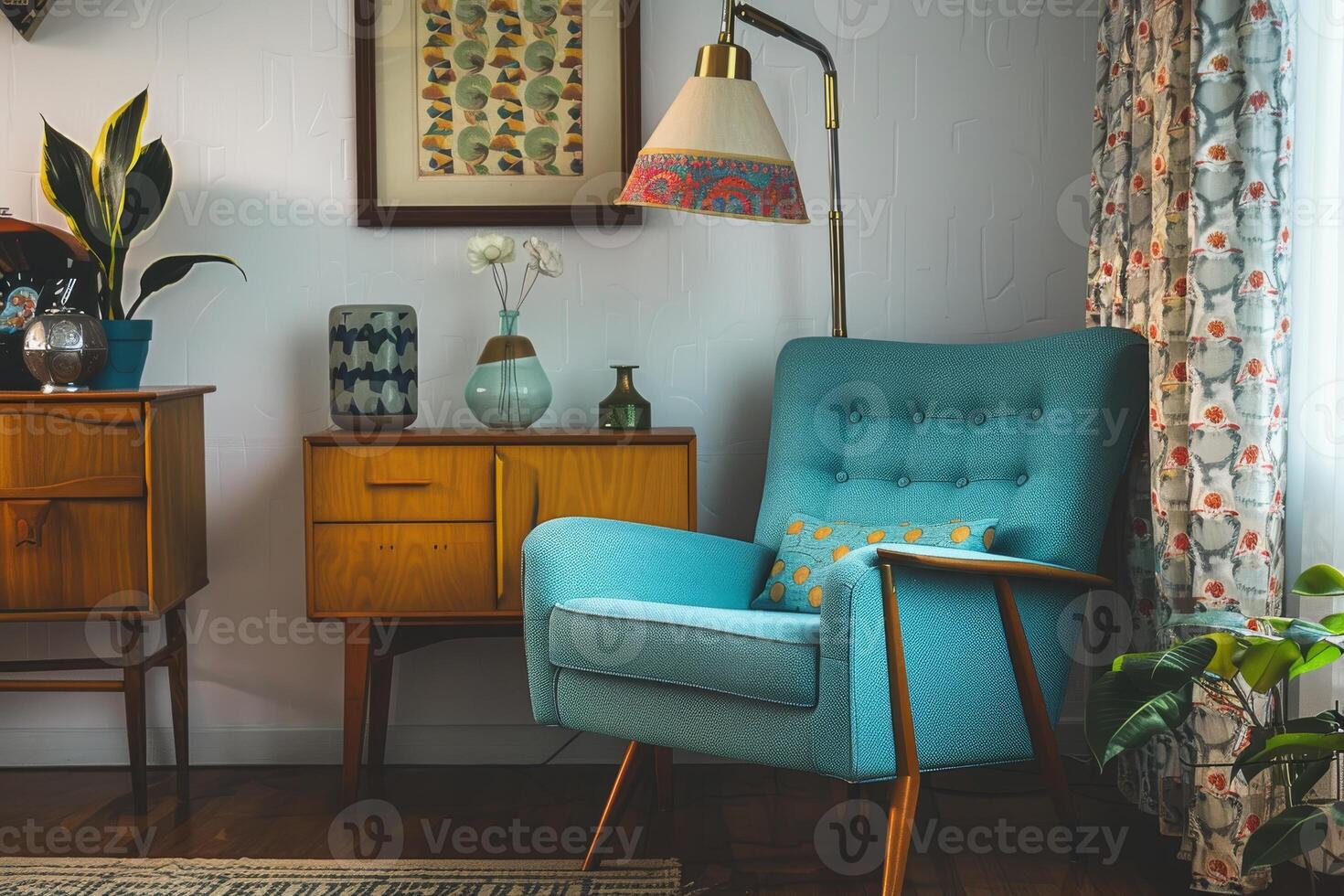 Retro-inspired mid-century decor against a soft transparent white surface, adding retro flair photo