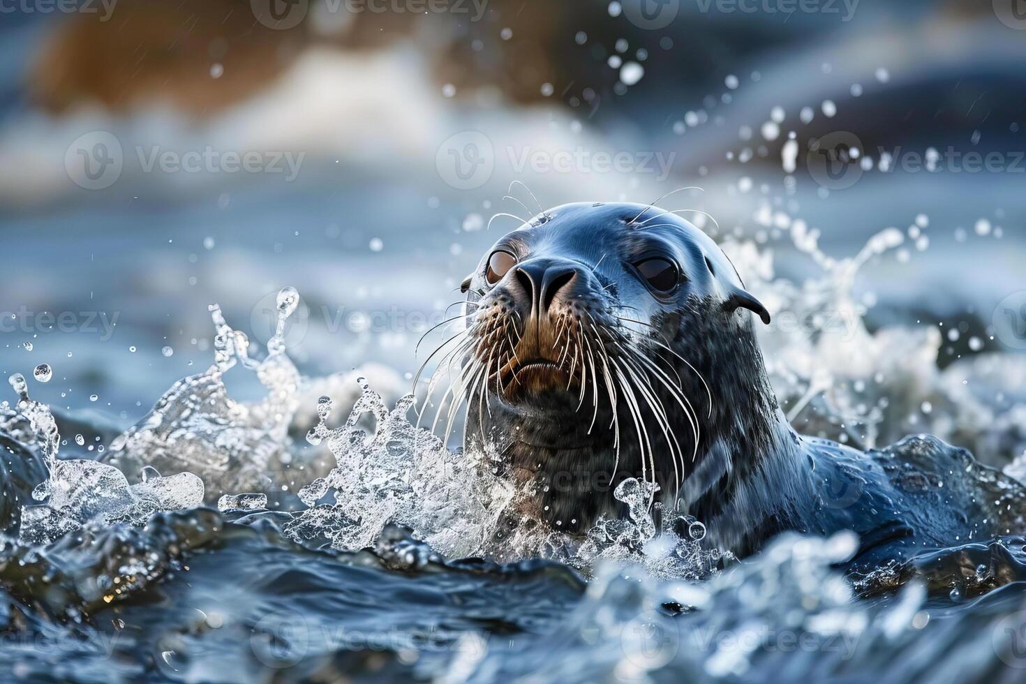 Refreshing splash of water from a playful seal in the open sea photo