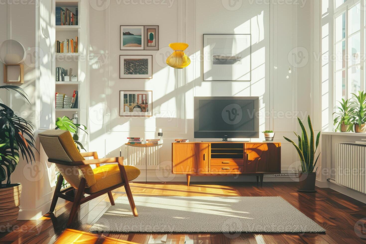 Retro mid-century modern decor against a soft transparent white surface, adding vintage flair photo