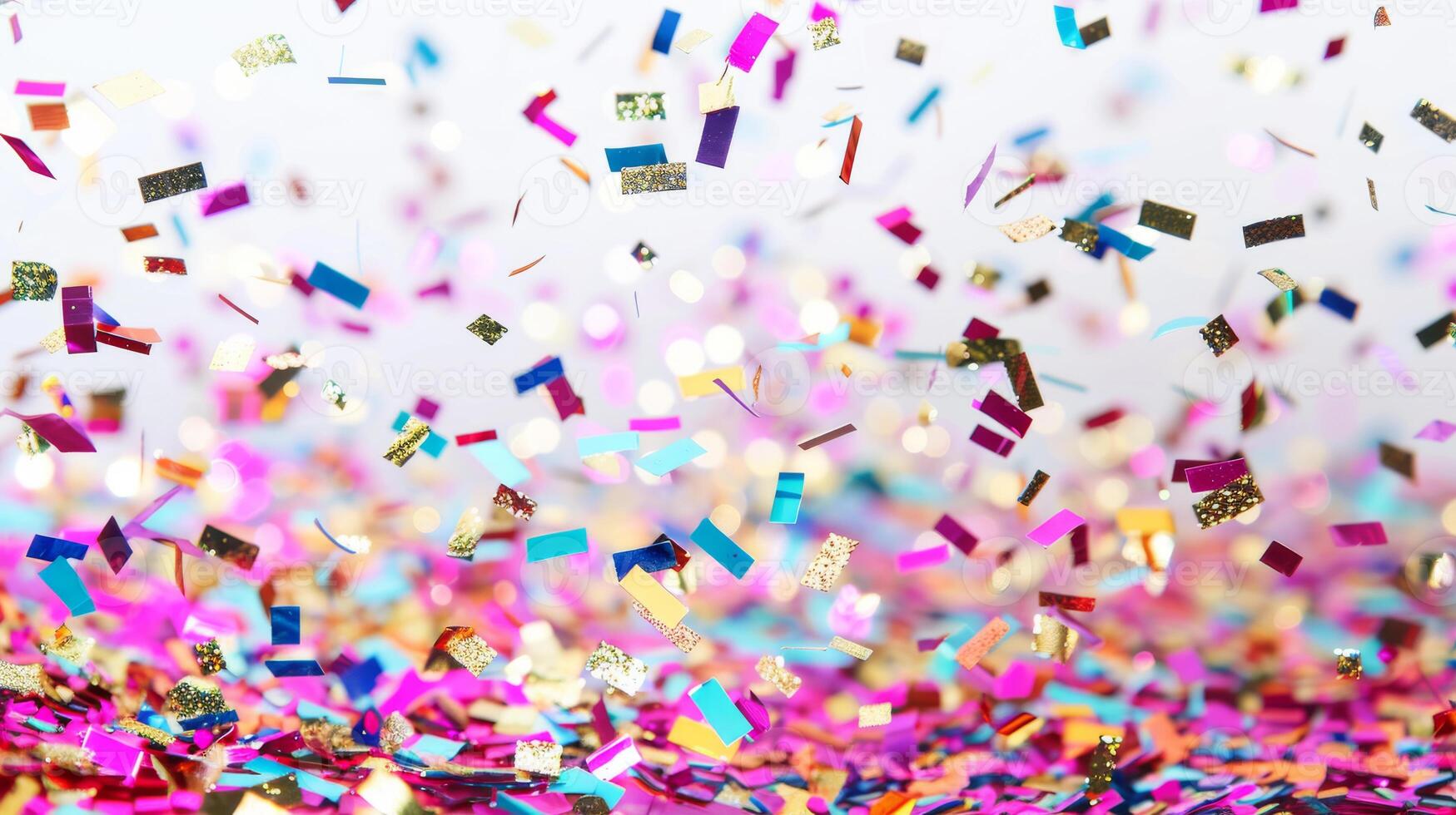 A colorful explosion of confetti is falling from the sky. The confetti is in various colors and sizes, creating a festive and celebratory atmosphere photo
