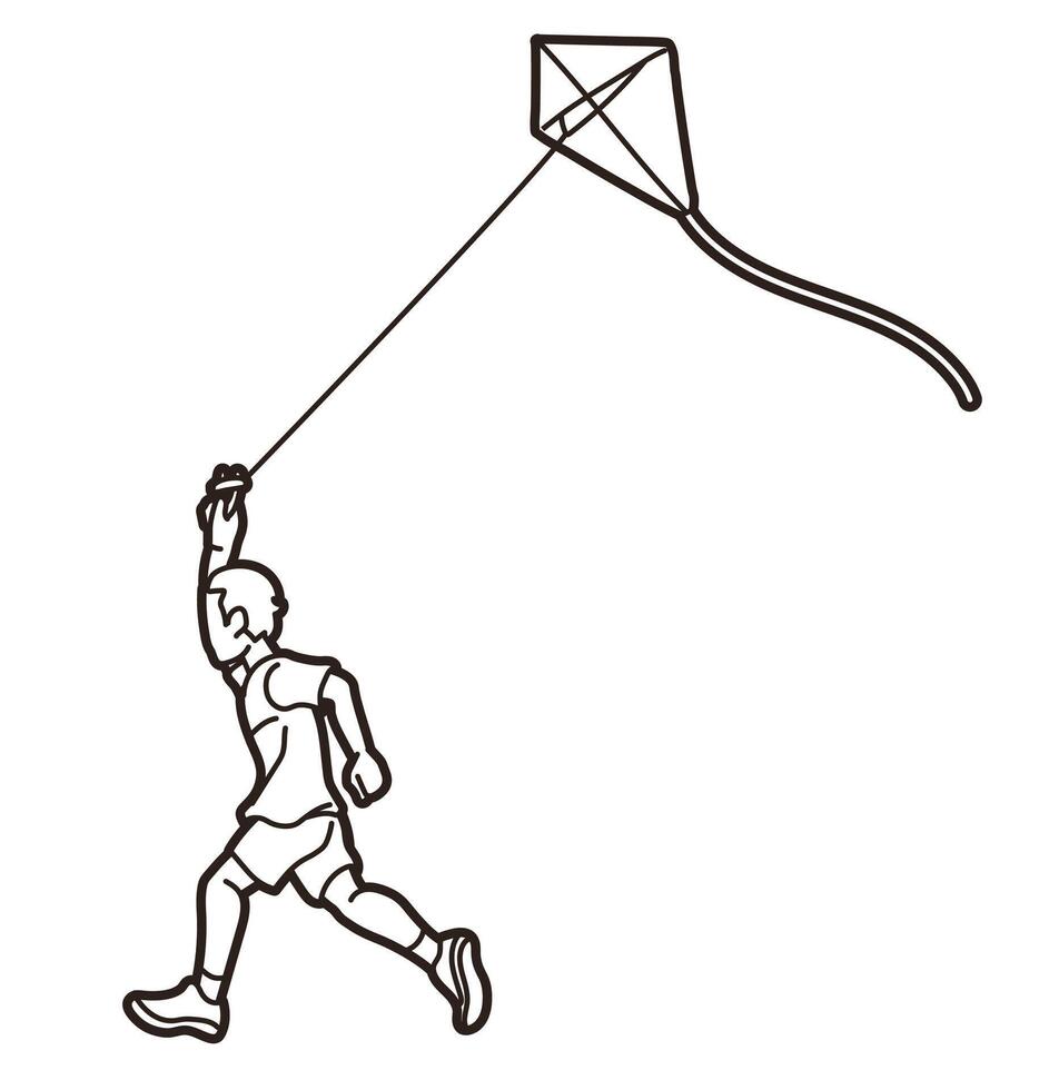 A Boy Running Fly a Kite Outline Graphic vector