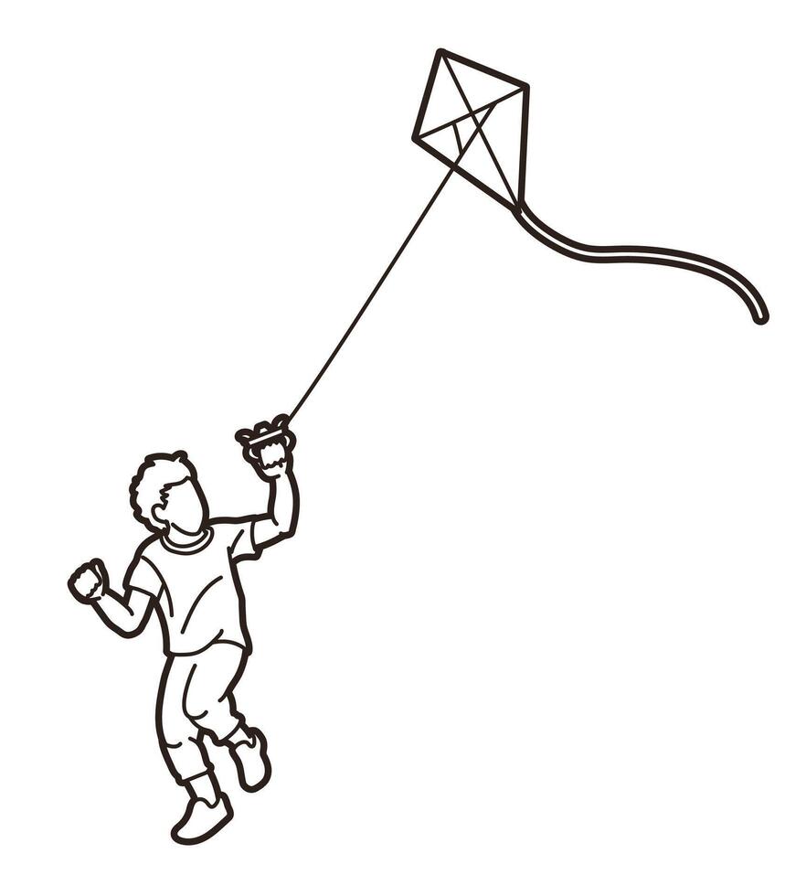 A Boy Running Fly a Kite Child Playing Outline vector
