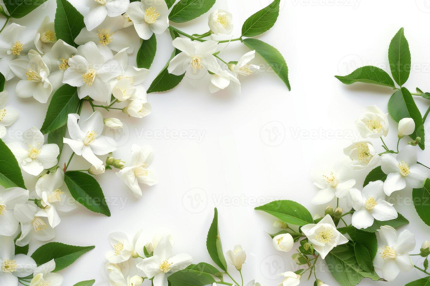 A white flower with green leaves is the main focus of the image. The flower is surrounded by many other flowers photo