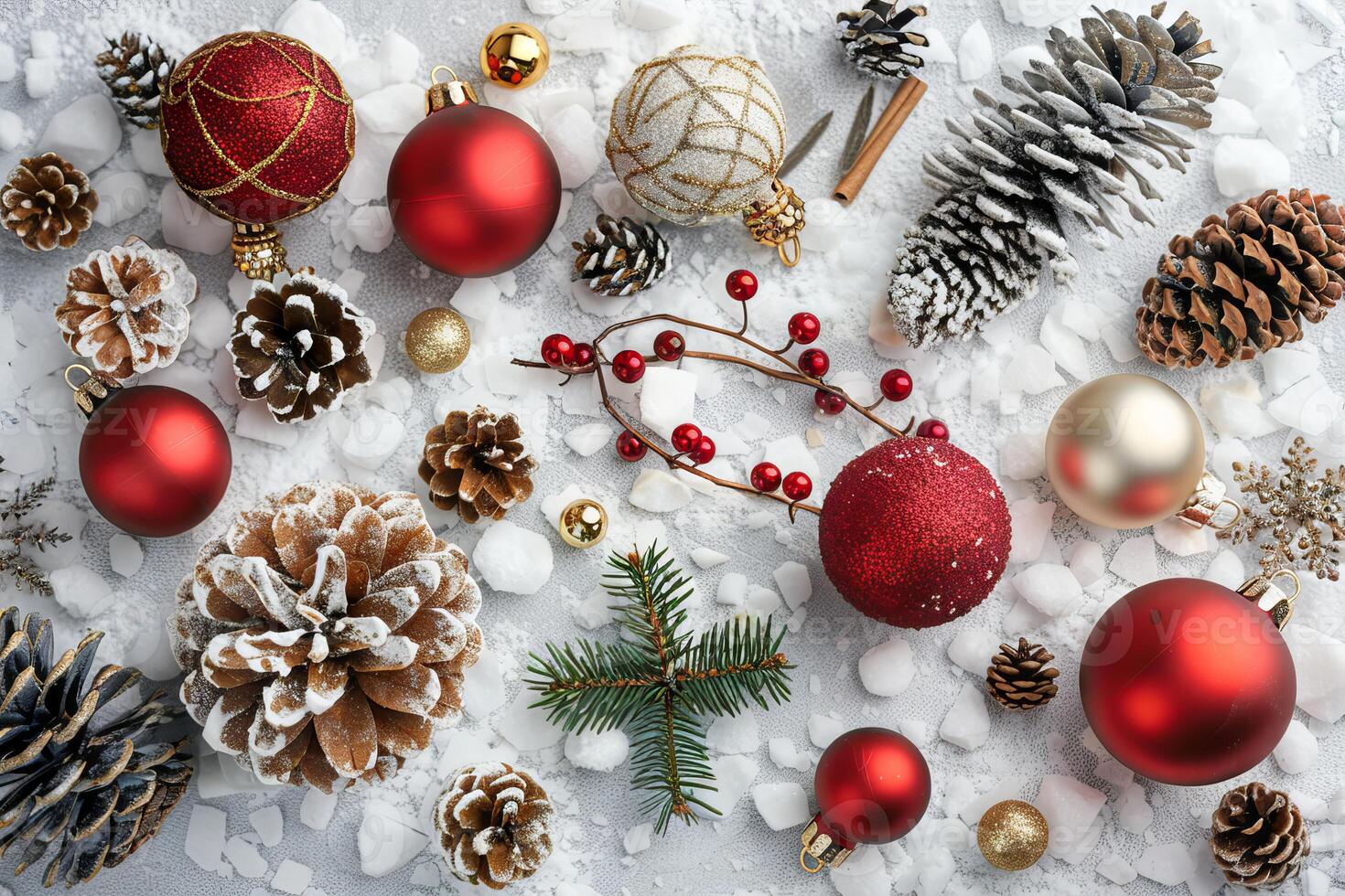 Traditional Christmas decorations on a transparent white canvas, ideal for festive cards photo
