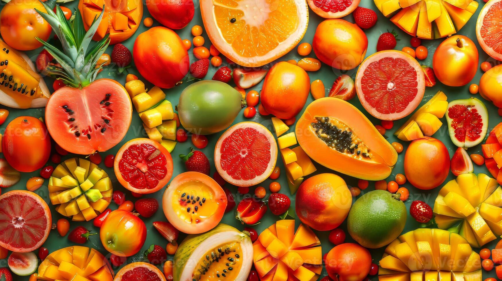 A colorful assortment of fruits including oranges, grapefruit, and mangoes. Concept of abundance and freshness photo