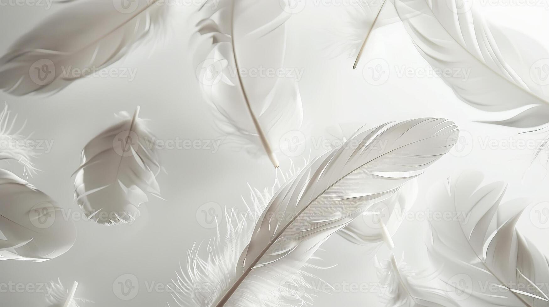 Ethereal boho feathers floating delicately against a pristine white surface photo