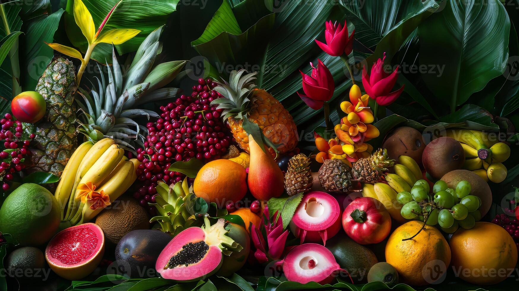 A colorful assortment of fruits and s, including bananas, oranges, and pears. Concept of abundance and freshness, with the vibrant colors of the produce creating a lively photo