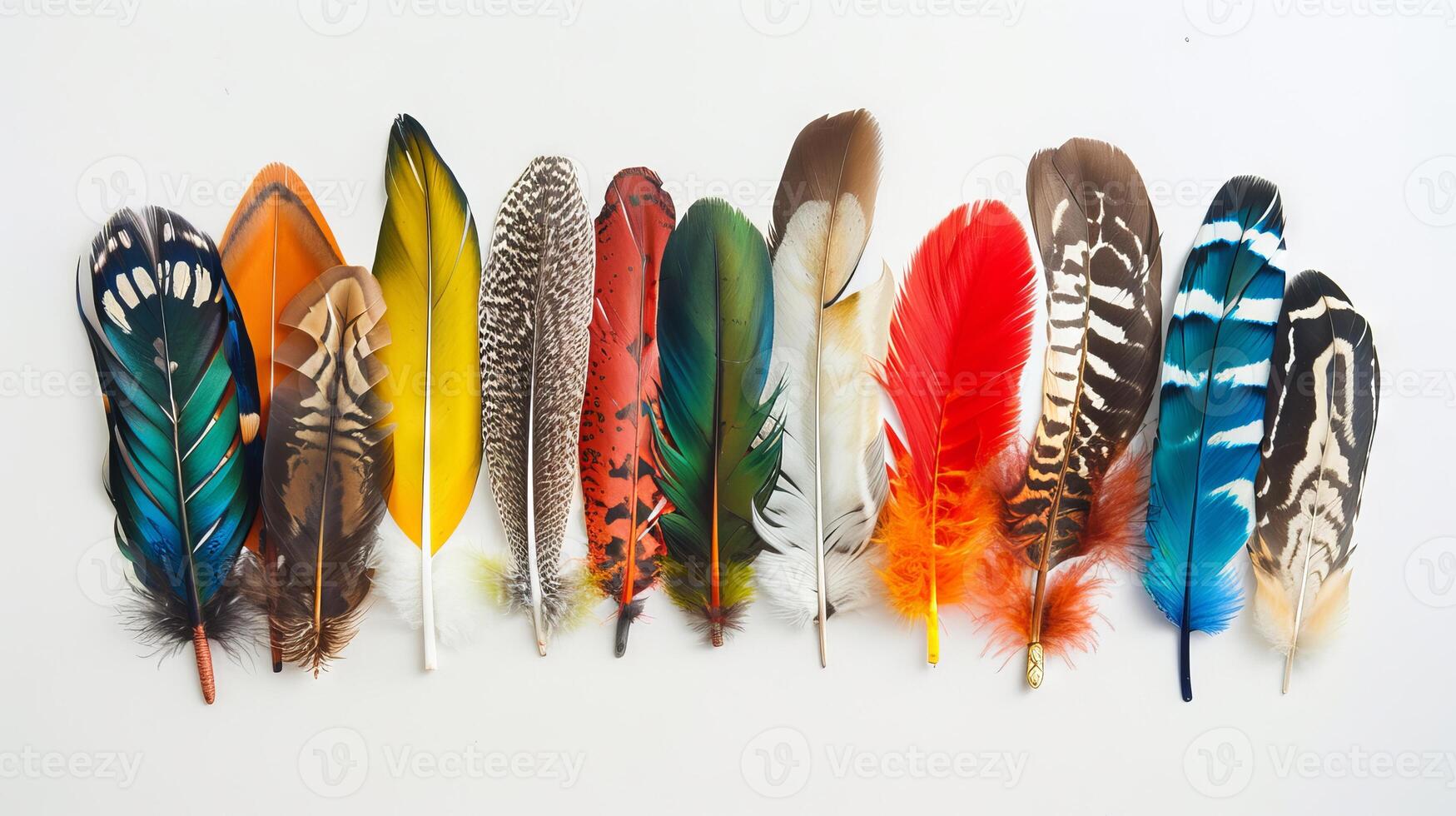 Feathers with a bohemian twist arranged in a captivating display on a pure white backdrop photo