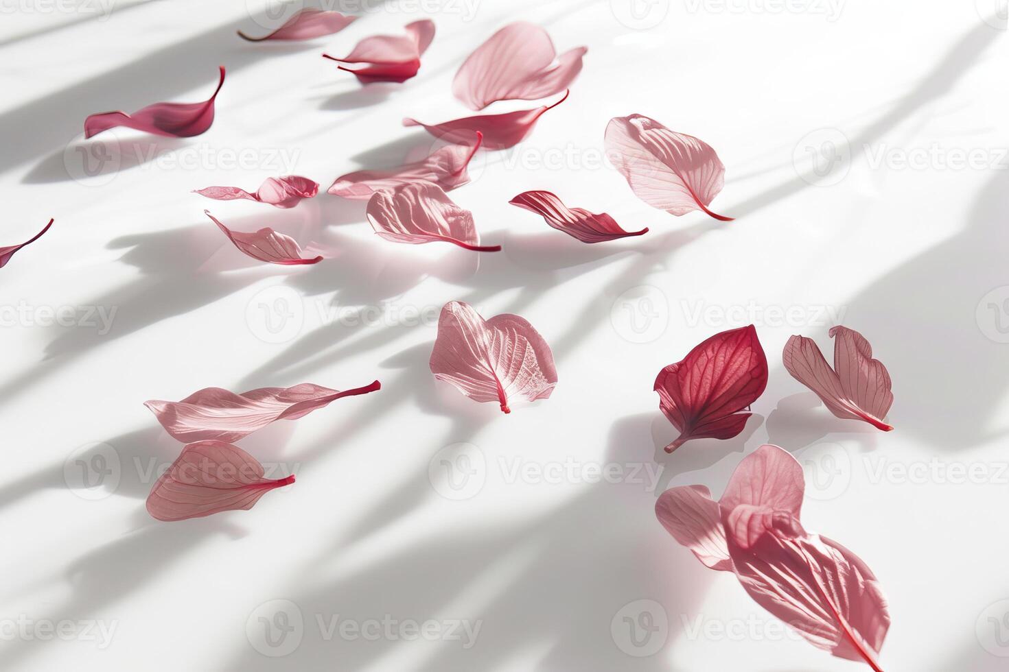 Pink flower petals scattered on a white surface. Concept of beauty and delicacy, as the petals are light and airy, and their colors are vibrant and eye-catching photo