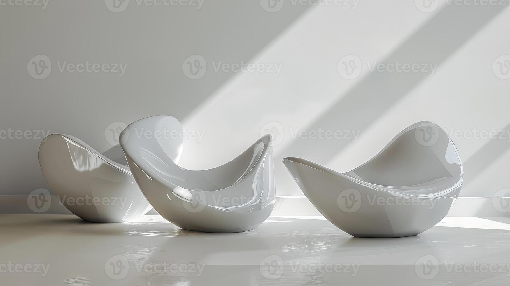 Three white chairs are arranged in a room with a white wall. The chairs are all different shapes and sizes, but they all have a similar design. The room is very clean and simple photo