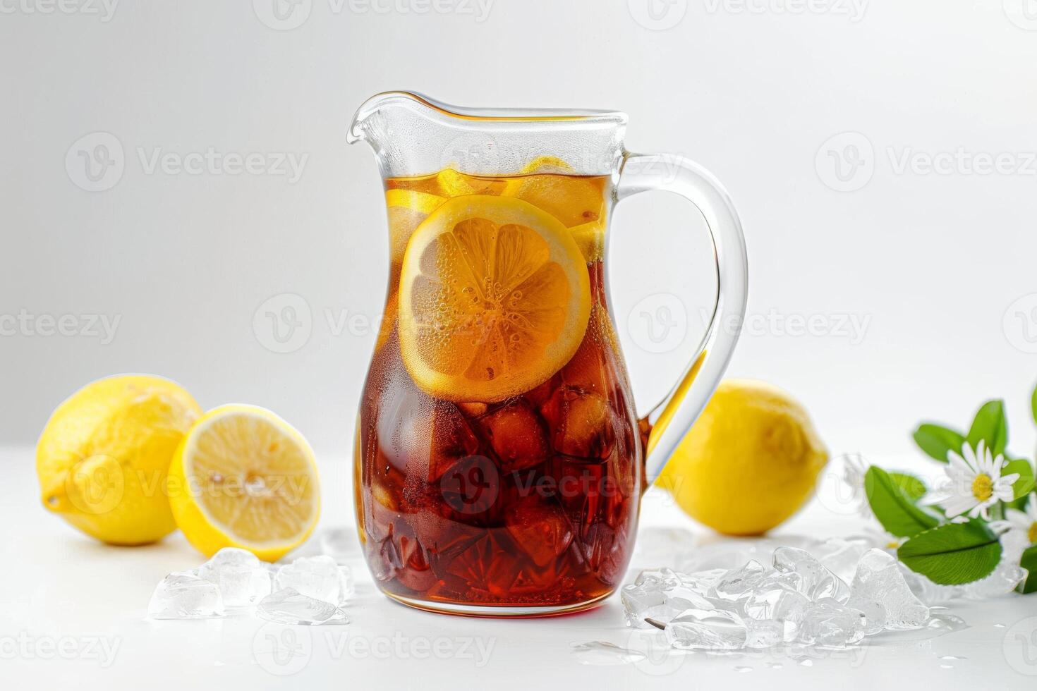 A pitcher of iced tea with lemon slices and ice cubes photo