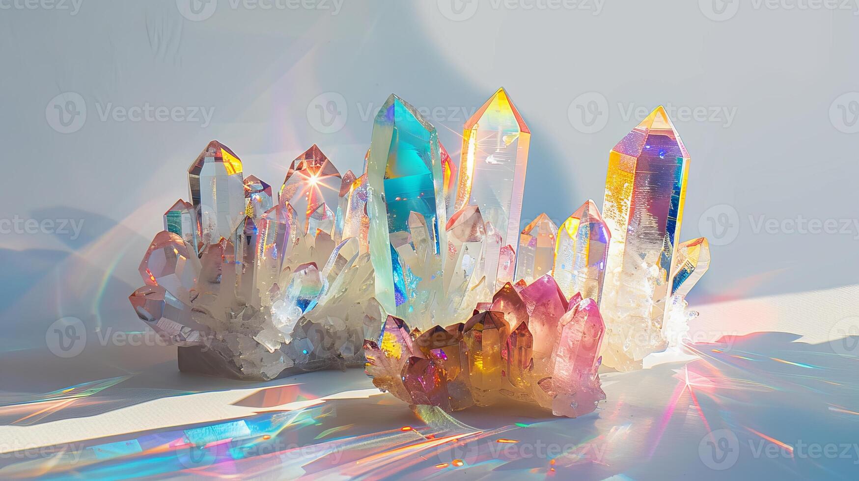 Prismatic crystal clusters casting colorful patterns of light against a pure white canvas photo