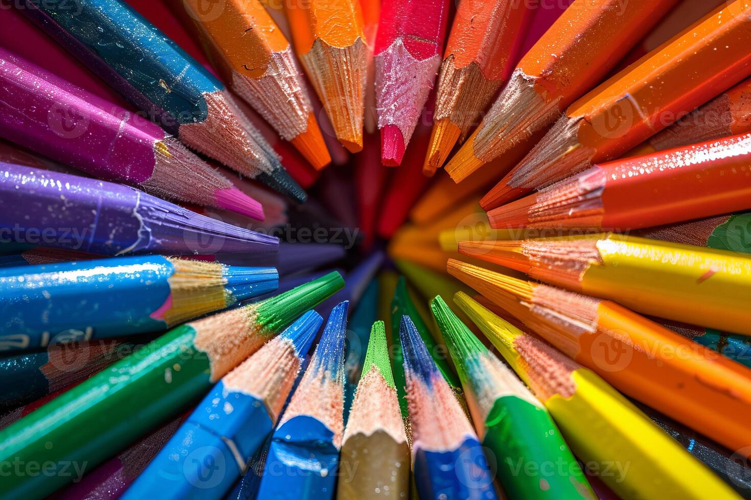 Rainbow-colored crayons arranged transparently in a circular pattern photo