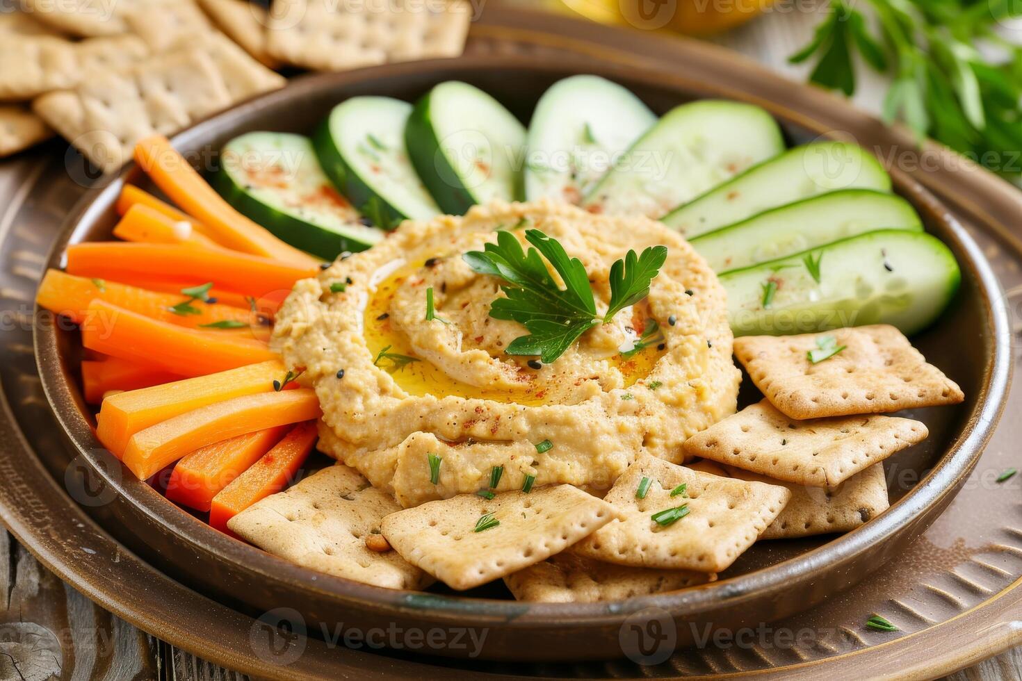 Plate of whole grain crackers with hummus and sliced vegetables, a nutritious and satisfying snack photo