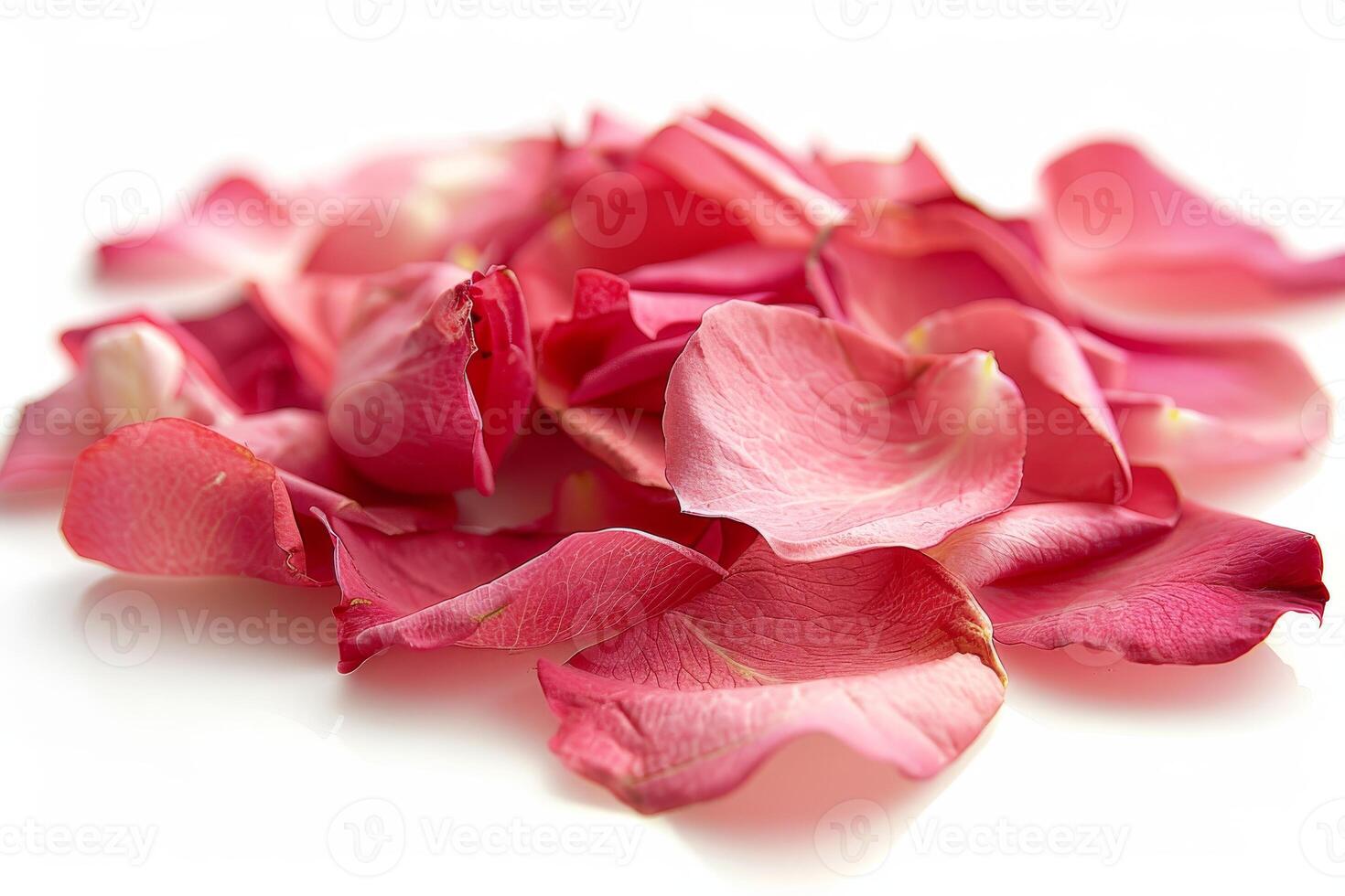 A pile of pink petals on a white background. The petals are scattered and appear to be from a flower photo