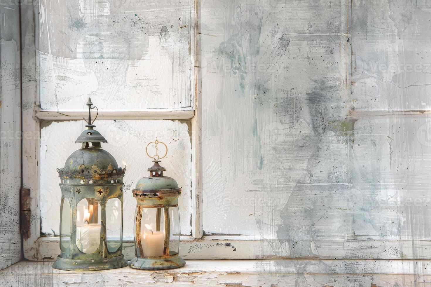 Two lanterns with candles inside sit on a window sill. The candles are lit, creating a warm and cozy atmosphere photo