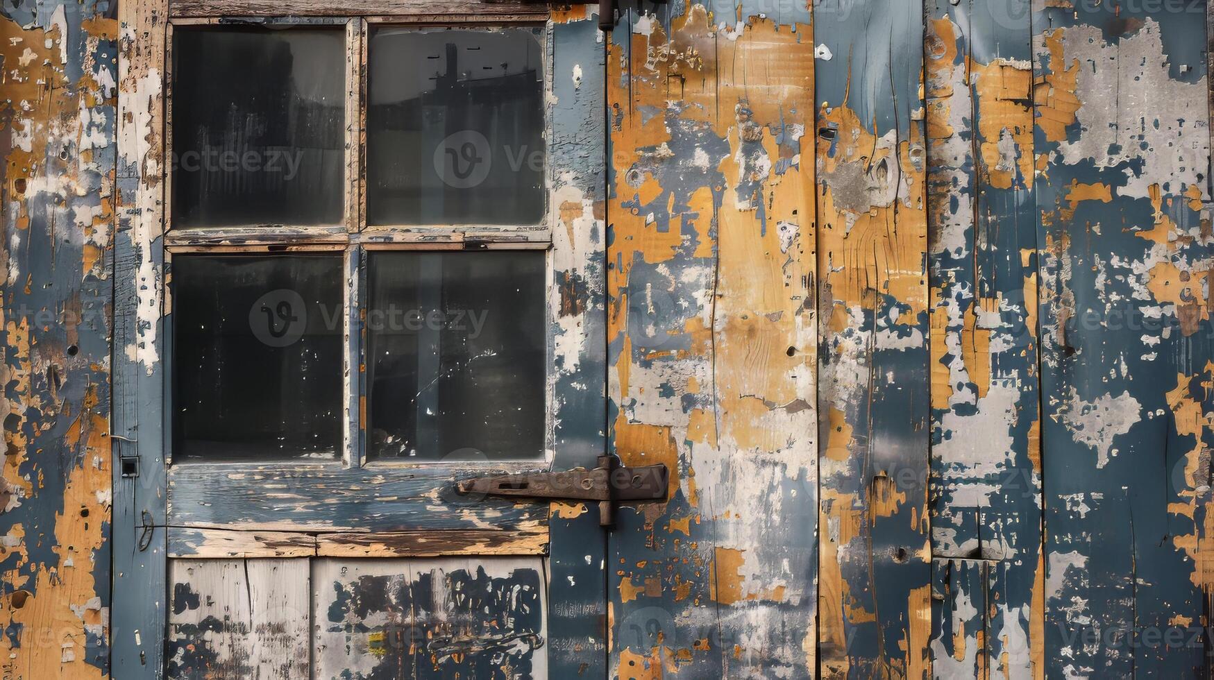 A window with a wooden frame and a door with a rusty lock. The door is in a building with a lot of peeling paint photo