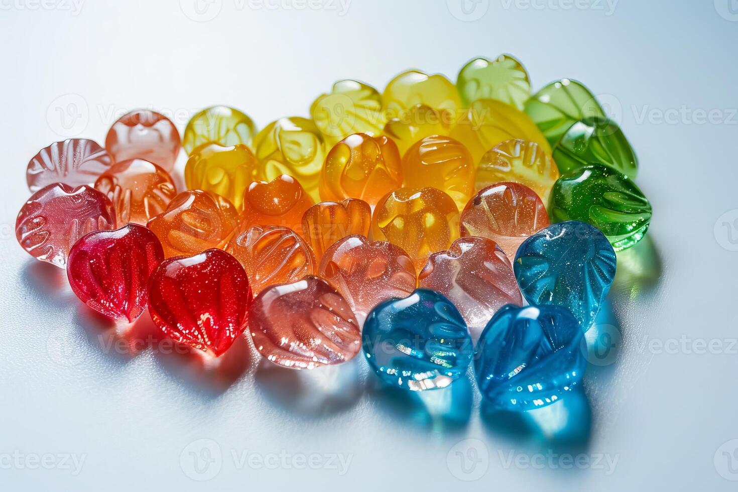 Rainbow-colored candies transparently arranged in the shape of a heart photo