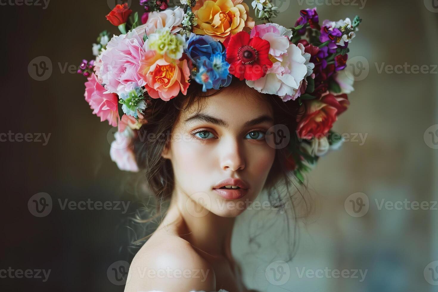 Rainbow-colored flower crown transparently worn by a model, adding charm photo