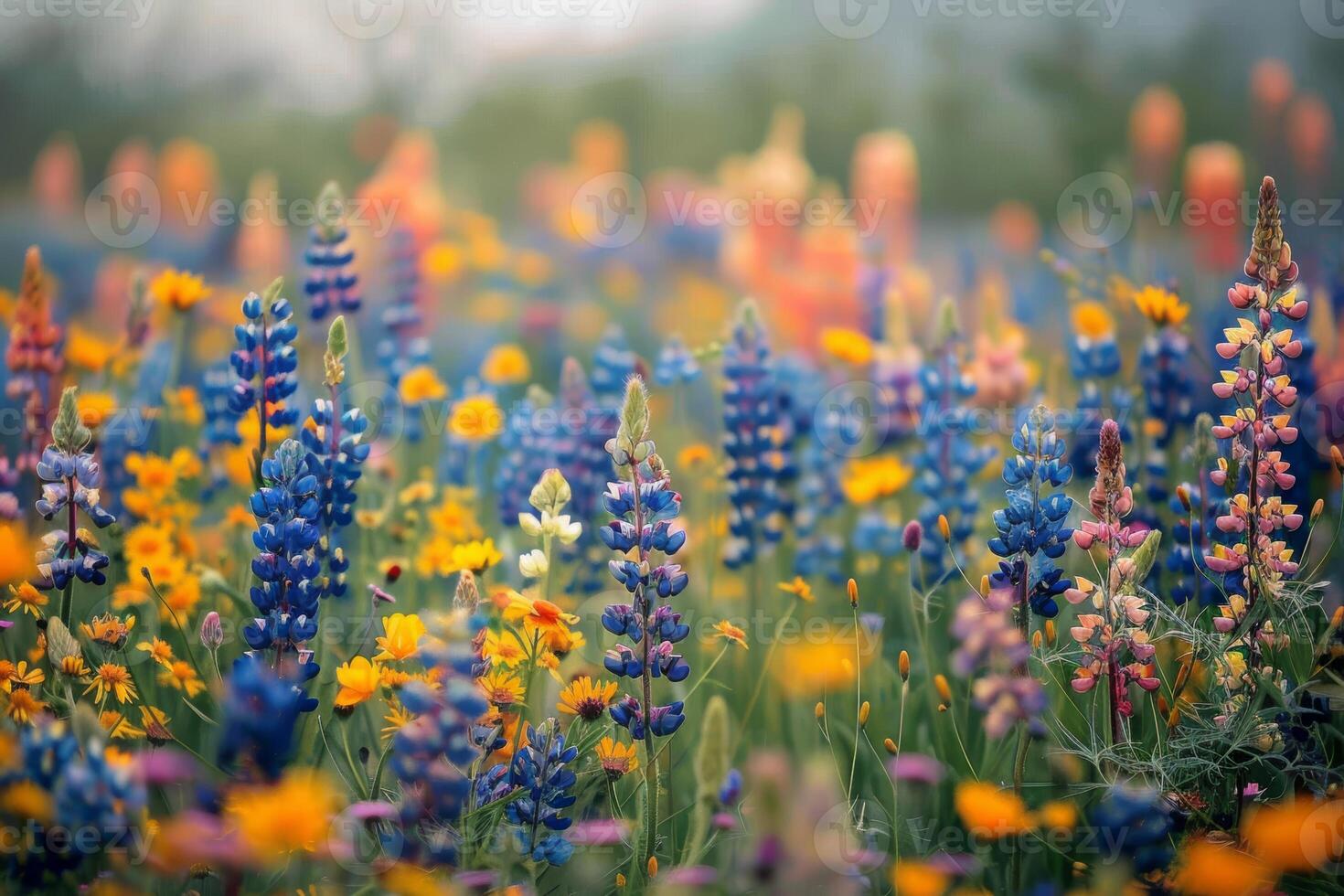 A vibrant field of wildflowers, with colorful blooms stretching as far as the eye can see photo