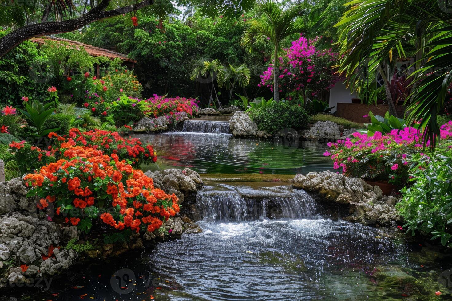 A tranquil garden oasis, with blooming flowers and tranquil water features photo