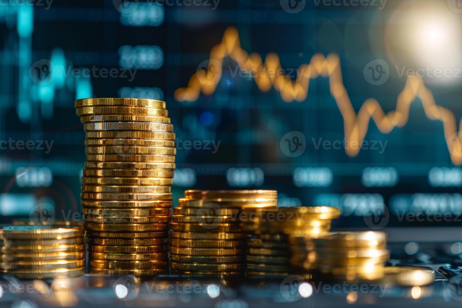 A stack of gold coins with a growth chart in the background, investment growth concept photo