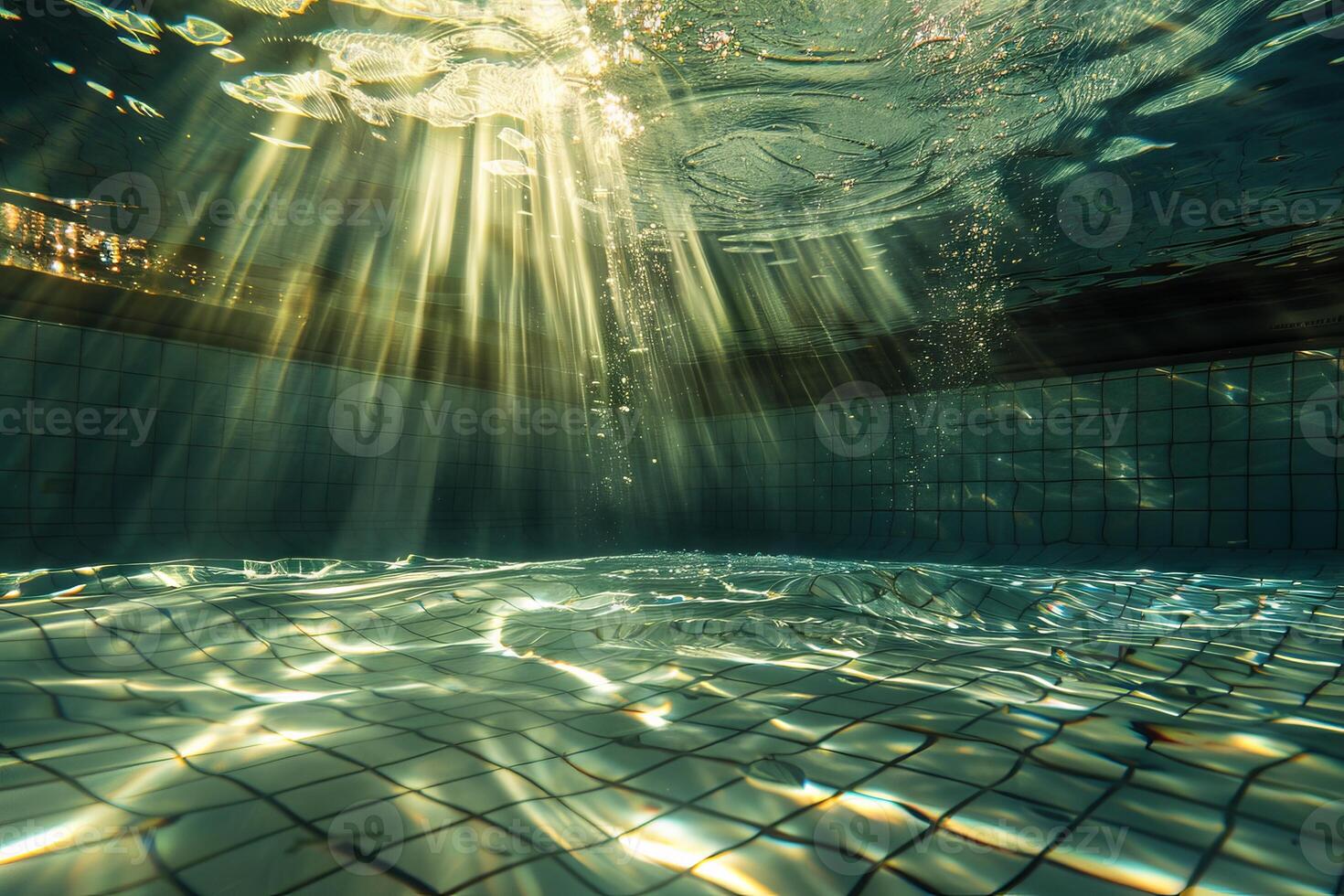 Sunlight streaming through the surface of a calm swimming pool photo