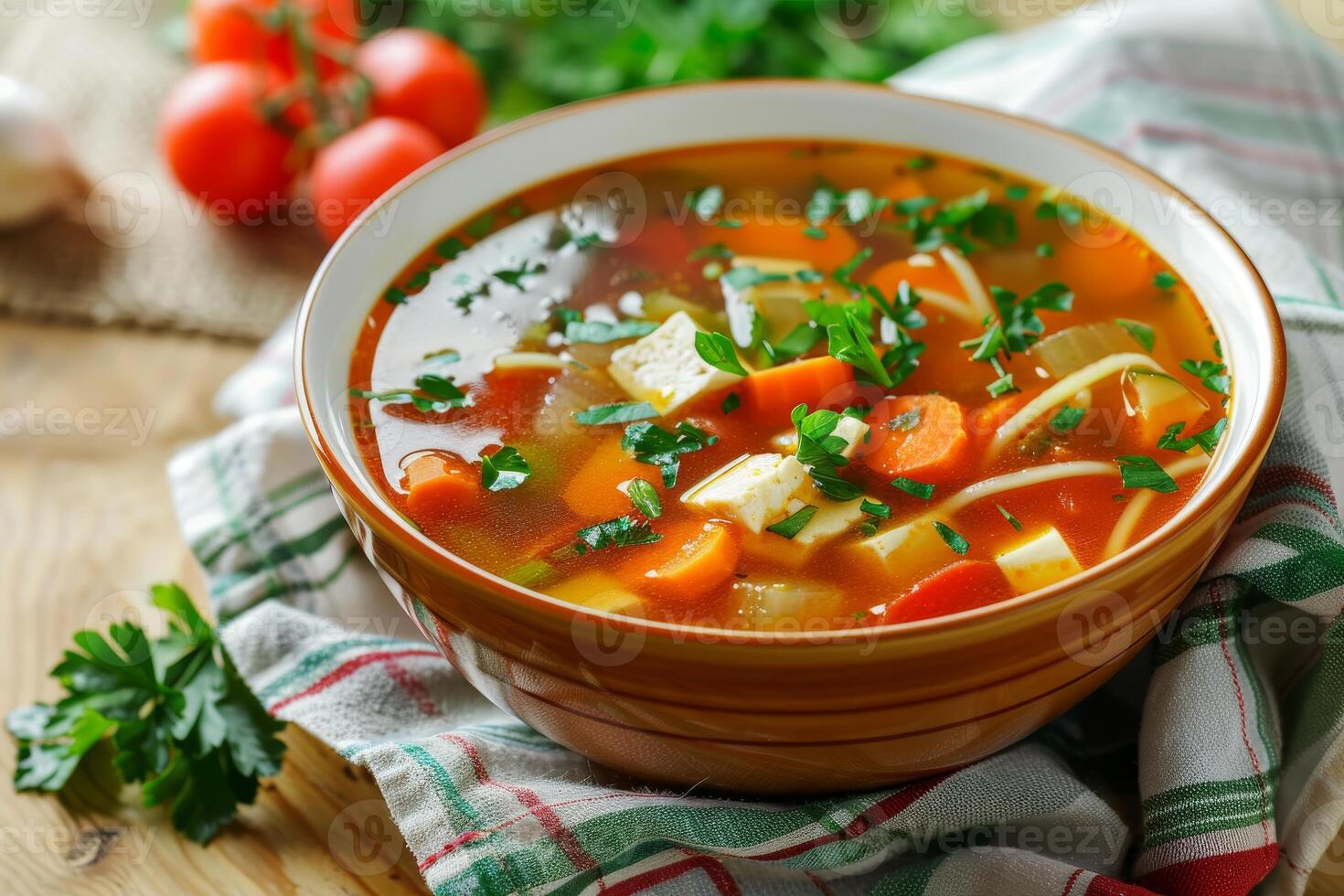 Bowl of homemade vegetable noodle soup with tofu and herbs, a comforting and nutritious meal option photo