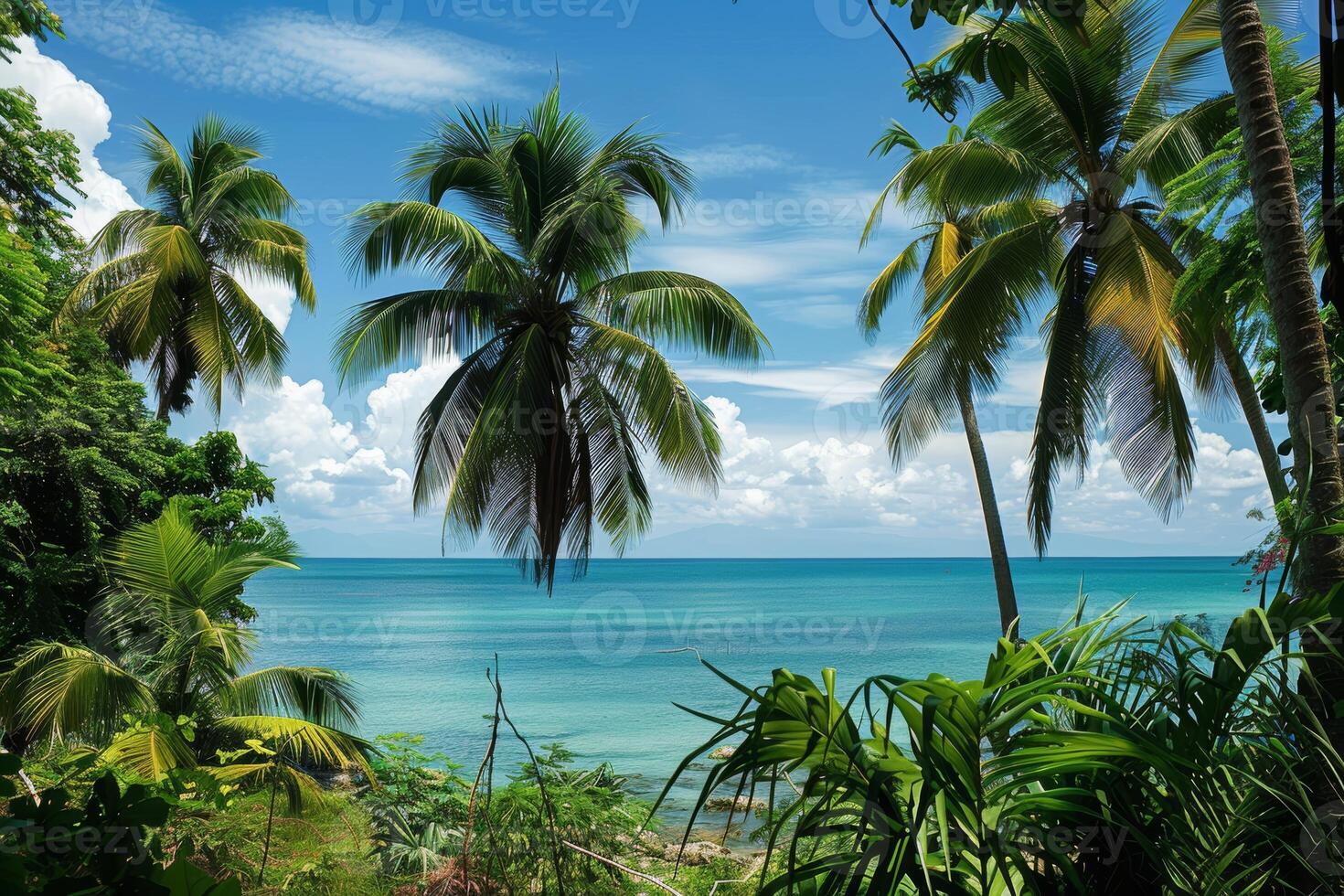 A lush tropical paradise, with palm trees swaying in the breeze and a turquoise sea stretching to the horizon photo