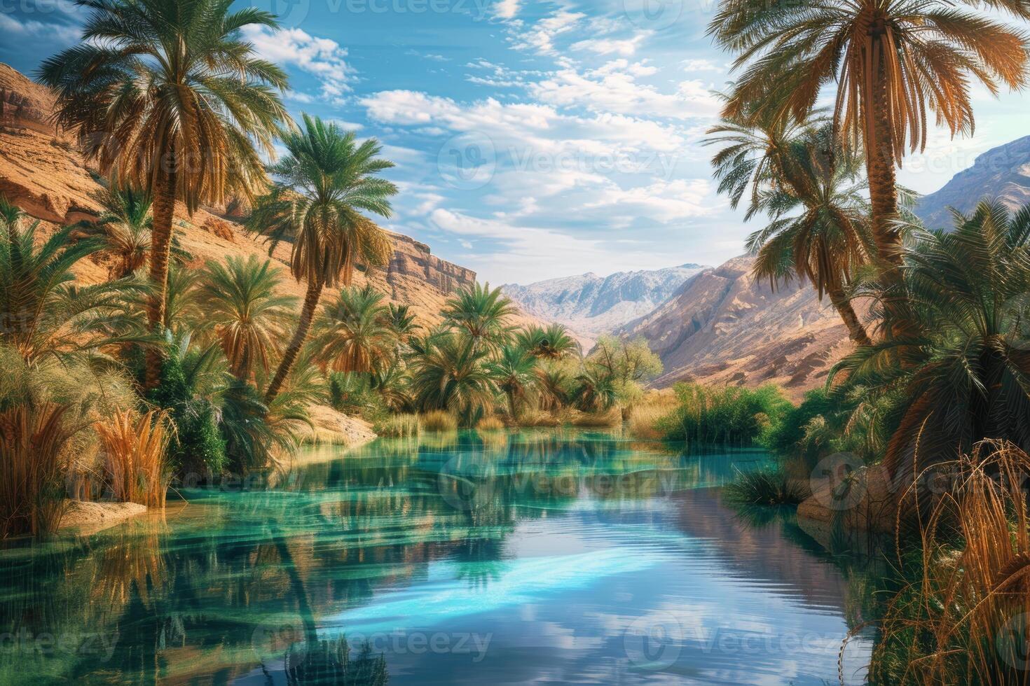 A tranquil desert oasis, with palm trees swaying in the breeze and a shimmering pool of water photo