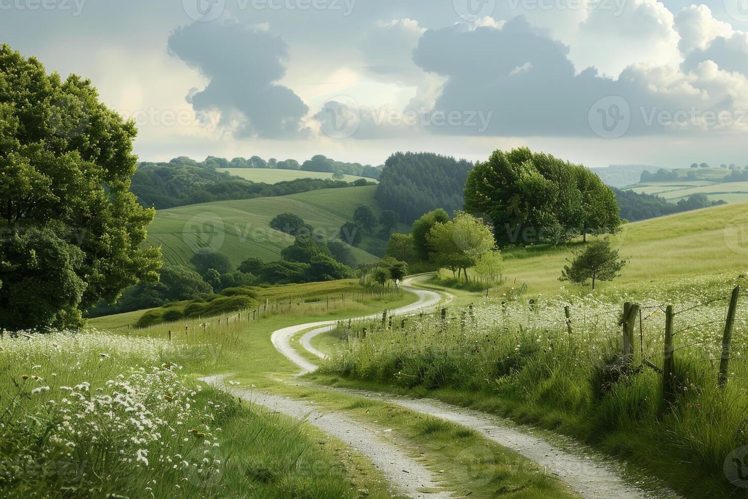A peaceful countryside scene, with rolling hills and meandering country lanes photo