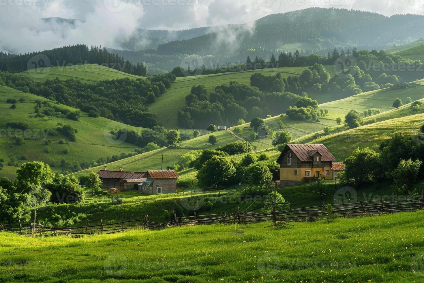 A serene countryside scene, with rolling hills and picturesque cottages photo
