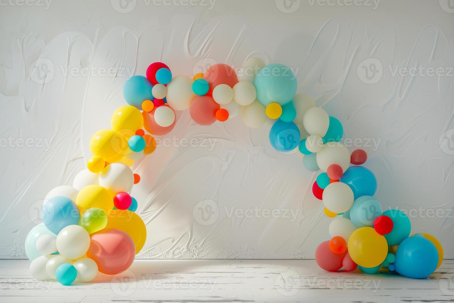 A colorful arch made of balloons is displayed against a white wall. The balloons are arranged in a rainbow pattern, creating a festive and joyful atmosphere photo