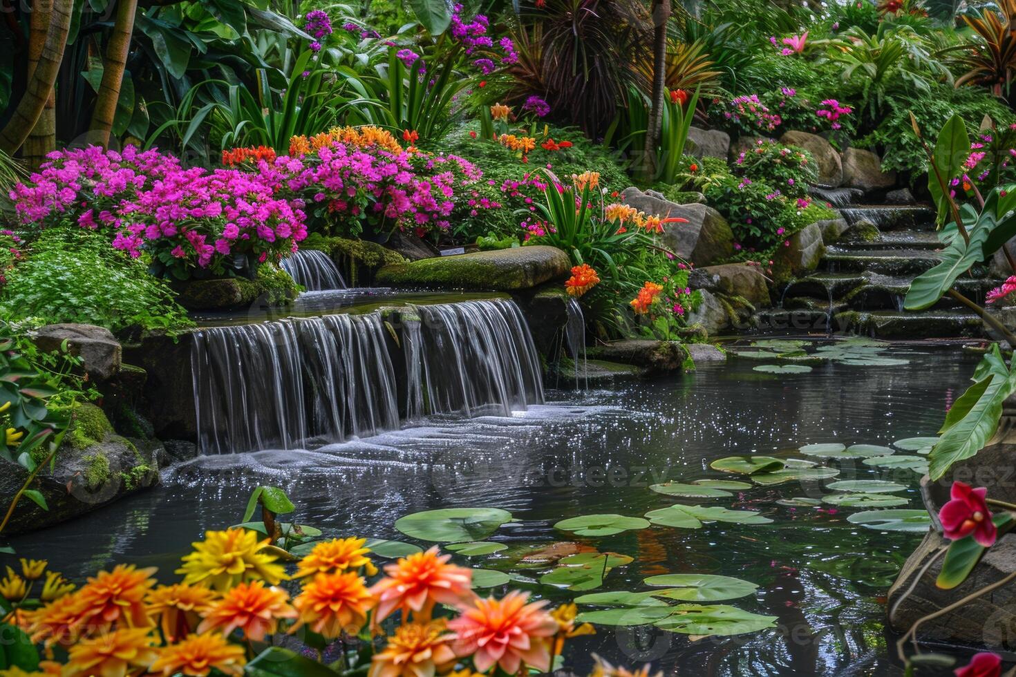 A lush garden oasis, with colorful flowers and tranquil water features photo