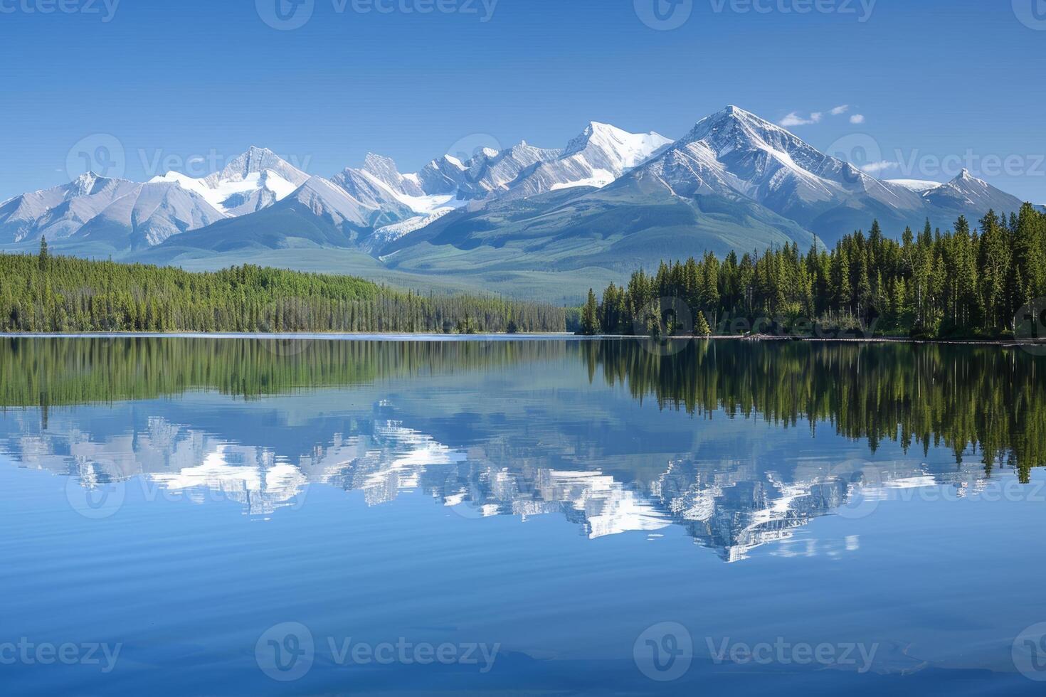 A peaceful mountain lake, with snow-capped peaks reflected in the calm waters photo