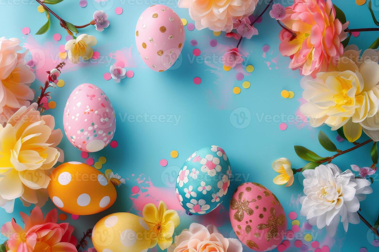 vibrante Pascua de Resurrección antecedentes con decorado huevos y primavera flores foto