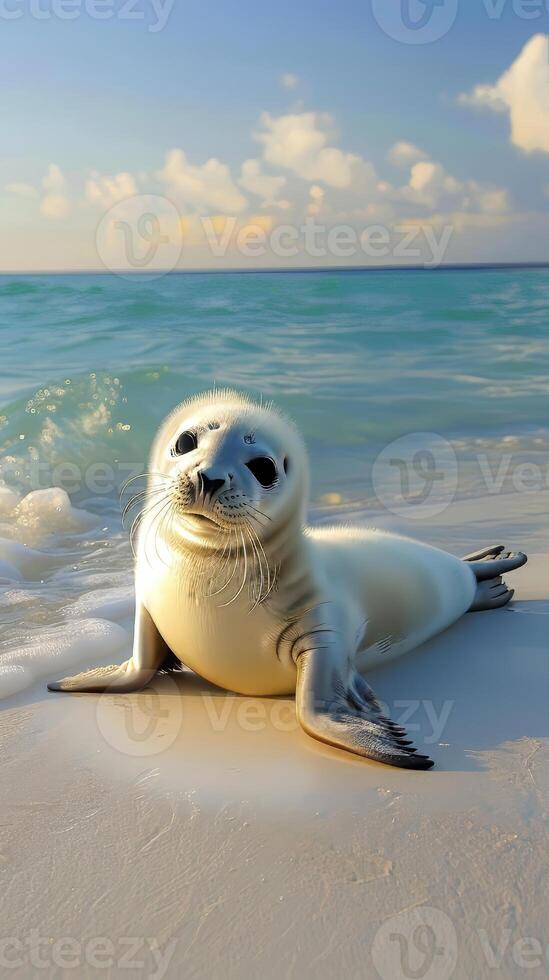 Chubby baby seals flopping awkwardly on sandy beaches, their clumsy movements endearing them to all who watch photo