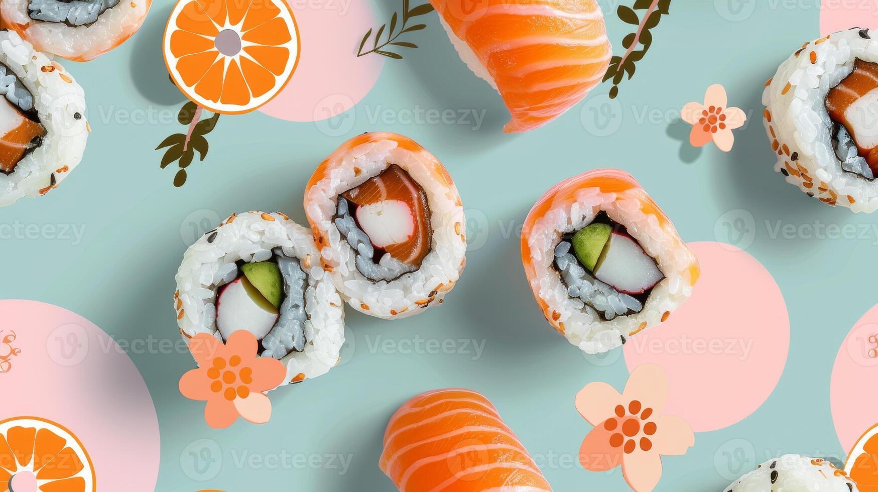 Boho-chic layout pattern of floating sushi rolls in a bohemian arrangement photo