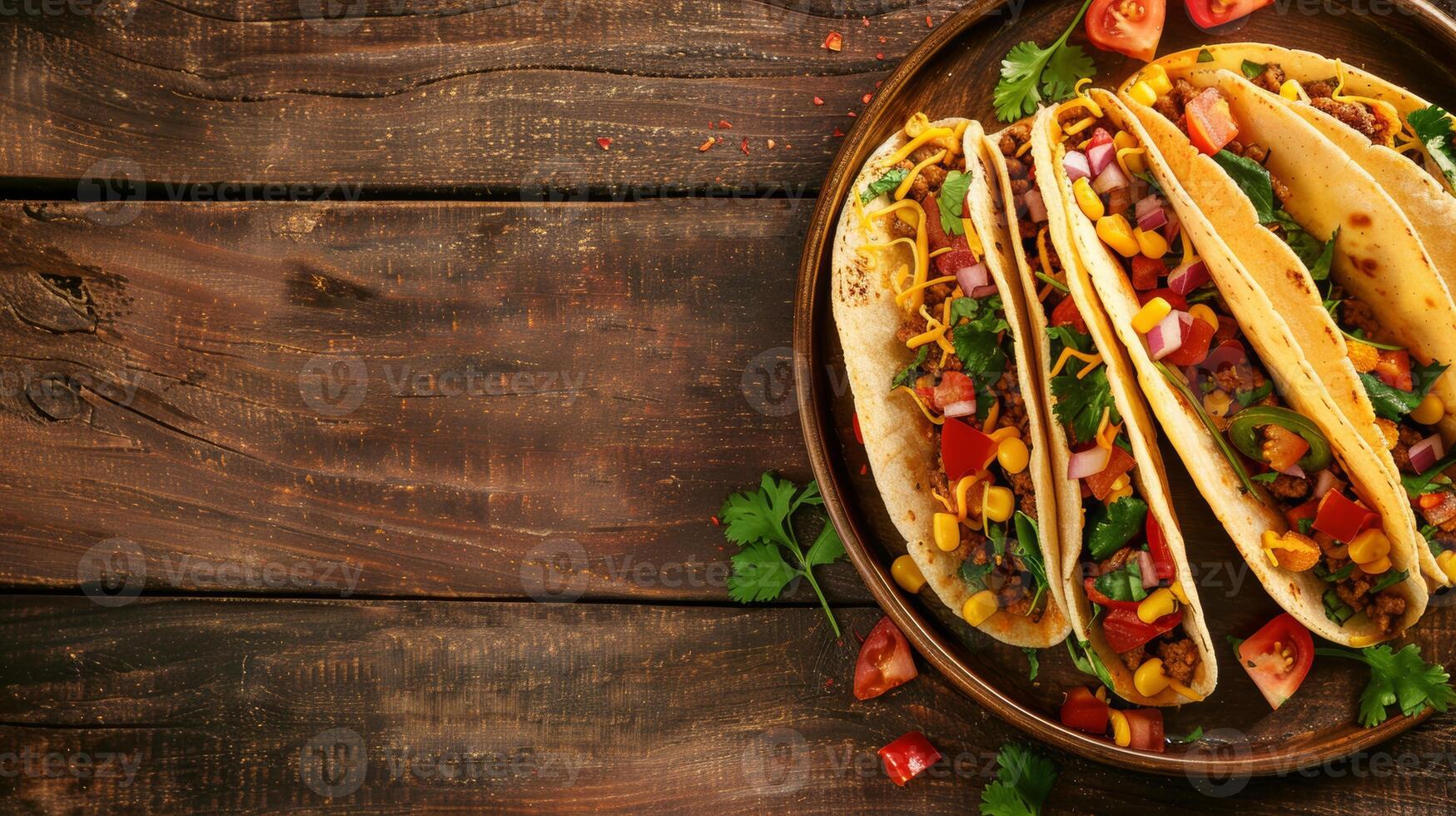 Spinning plate of tacos with plenty of space for copy photo